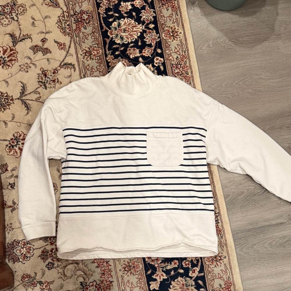 Madewell White and Navy Striped Turtleneck Sweater